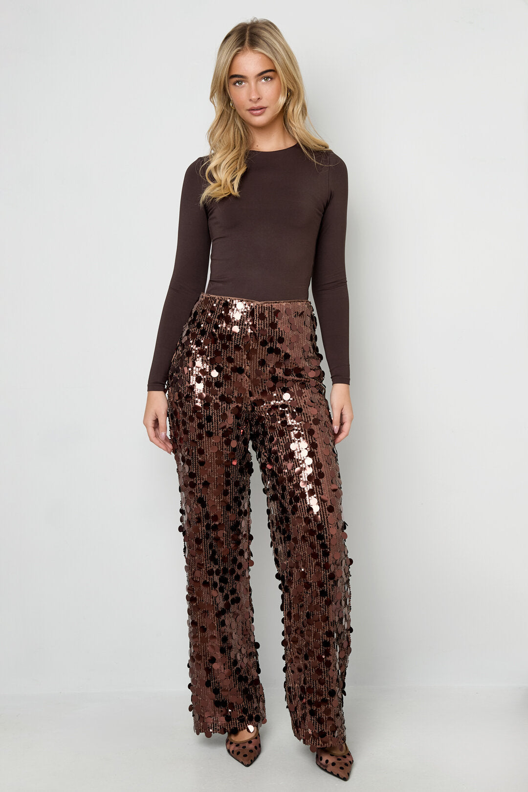 Geweven Polyestervezel Vrouwen Rechte Broek Pailletten Elegante